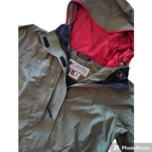 Columbia Titanium Olive/Red Waterproof Packable Hooded Jacket Women's S Exc Cond